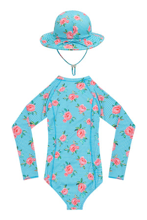 Long sleeve surf swimsuit with matching Beach Hat - Vacation Time print