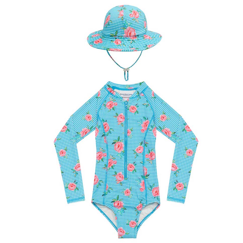 Long sleeve surf swimsuit with matching Beach Hat - Vacation Time print